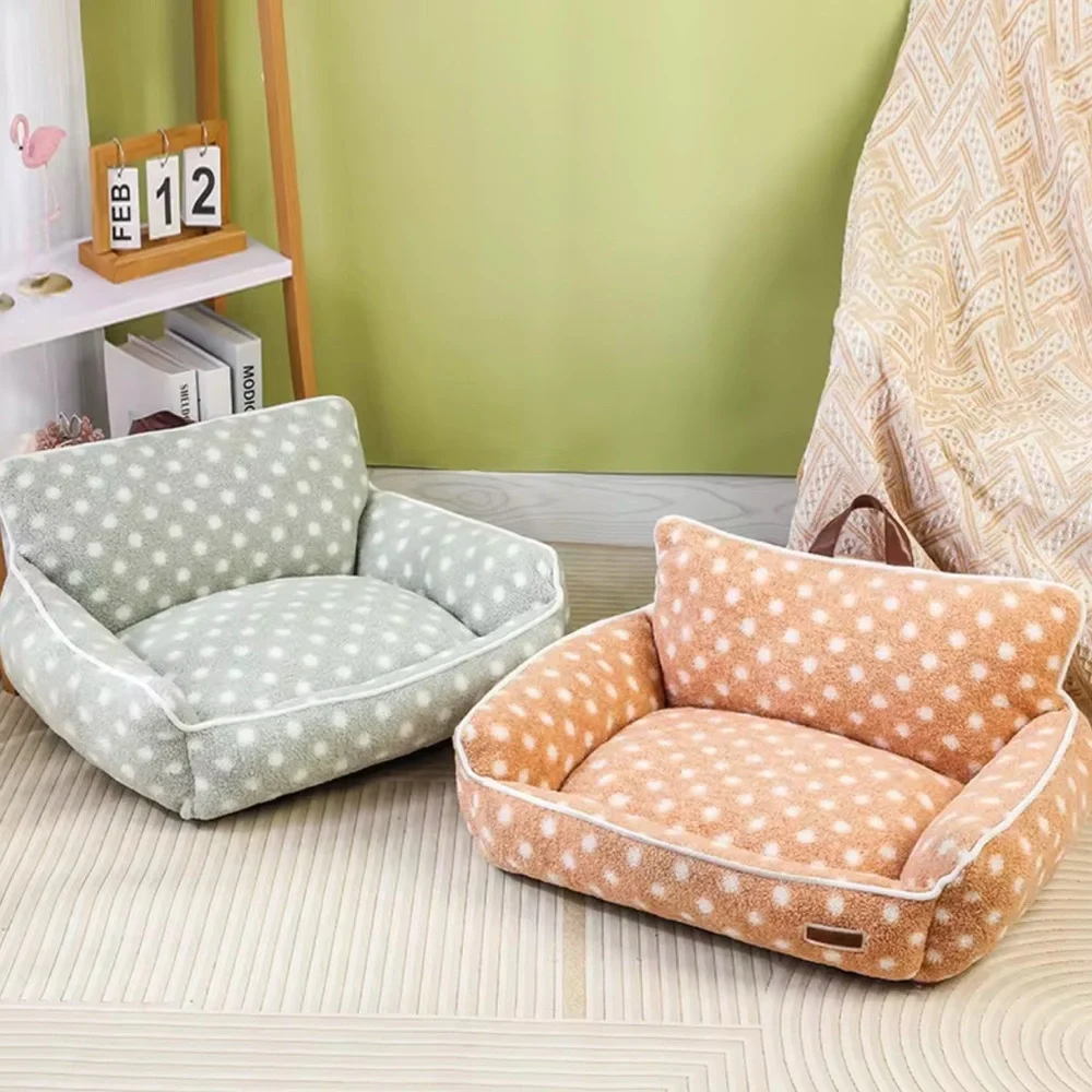 Polka Dot Pet Loveseat Sofa, Machine Washable Plush Pet Bed with Nonslip Bottom